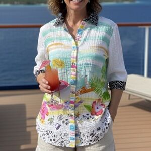 JOHN MARK Women Small Colorful Beach Tropical‎ Novelty Button Up Top Feminine